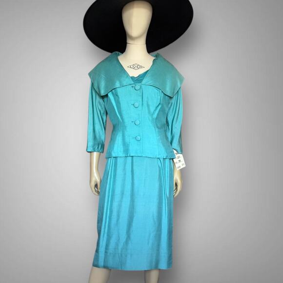 Vintage 1950s Silk Shantung Dress and Jacket Set Blue Green Georgette Trilère - Picture 2 of 16